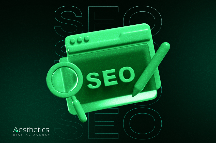 3D-rendered illustration of SEO concepts featuring a magnifying glass, browser window, and pencil in a green color scheme. The background includes repeated 'SEO' text, and the bottom-left corner displays the Aesthetics Digital Agency logo